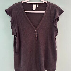 H&M Black Flutter Short Sleeve V-Neck Henley Top - Large